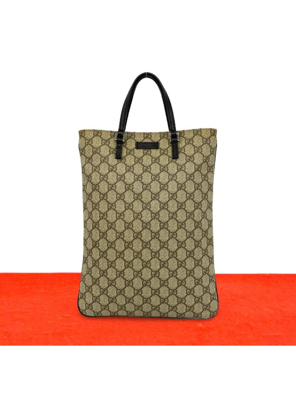 Gucci GG Supreme Logo Pattern Leather Polyurethane Tote Bag Business Brown